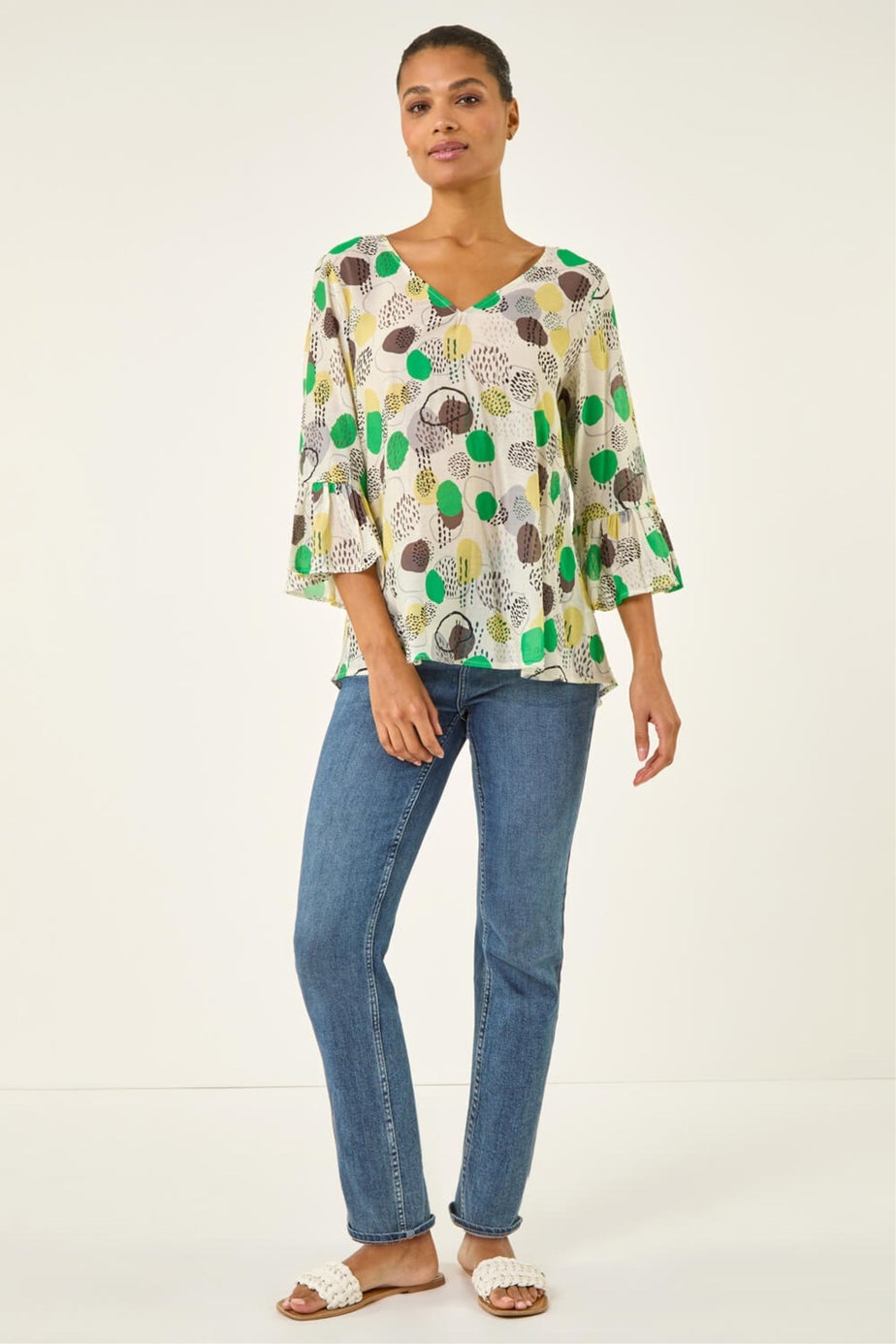 Roman Green Abstract Spot Flare Sleeve Top