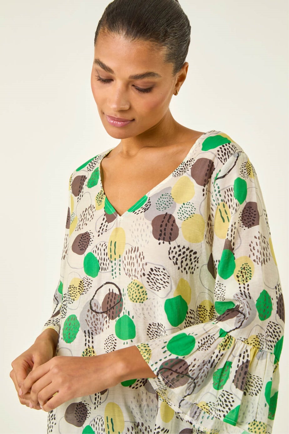 Roman Green Abstract Spot Flare Sleeve Top