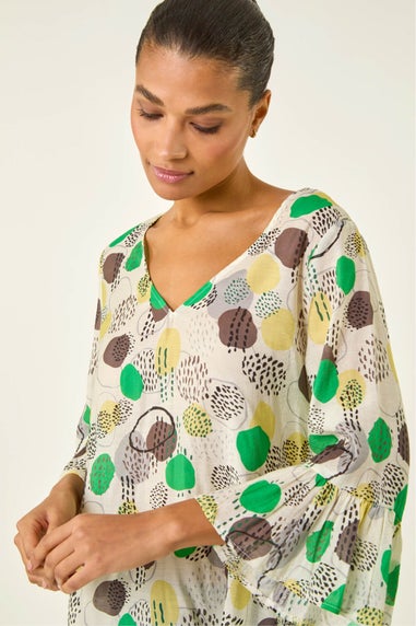 Roman Green Abstract Spot Flare Sleeve Top