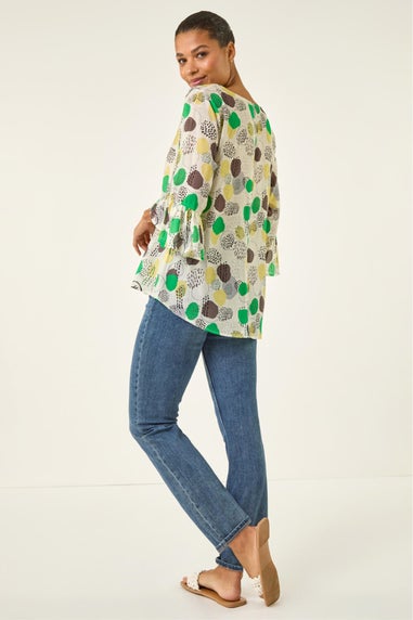 Roman Green Abstract Spot Flare Sleeve Top