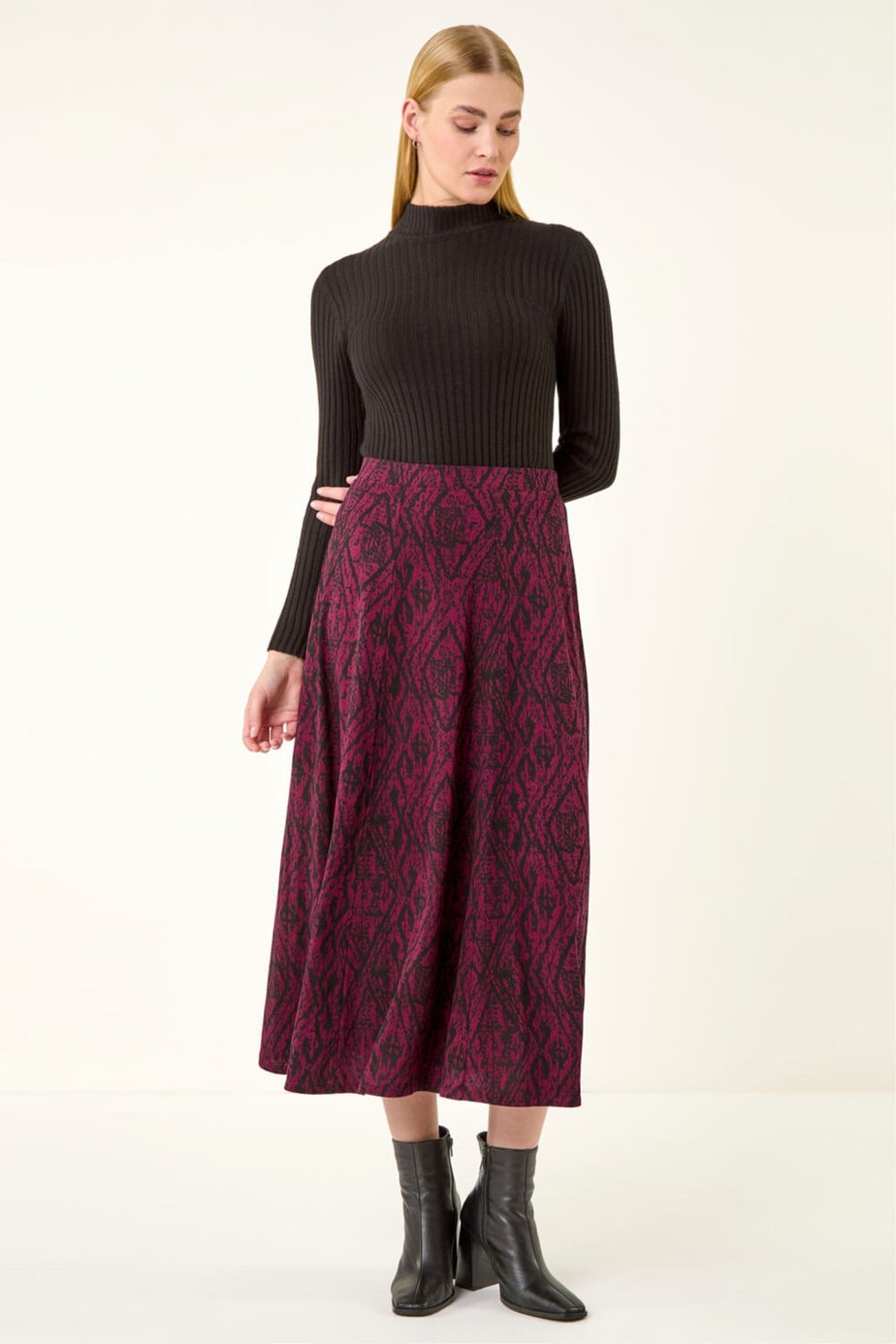 Roman Wine Abstract Diamond Print Midi Skirt