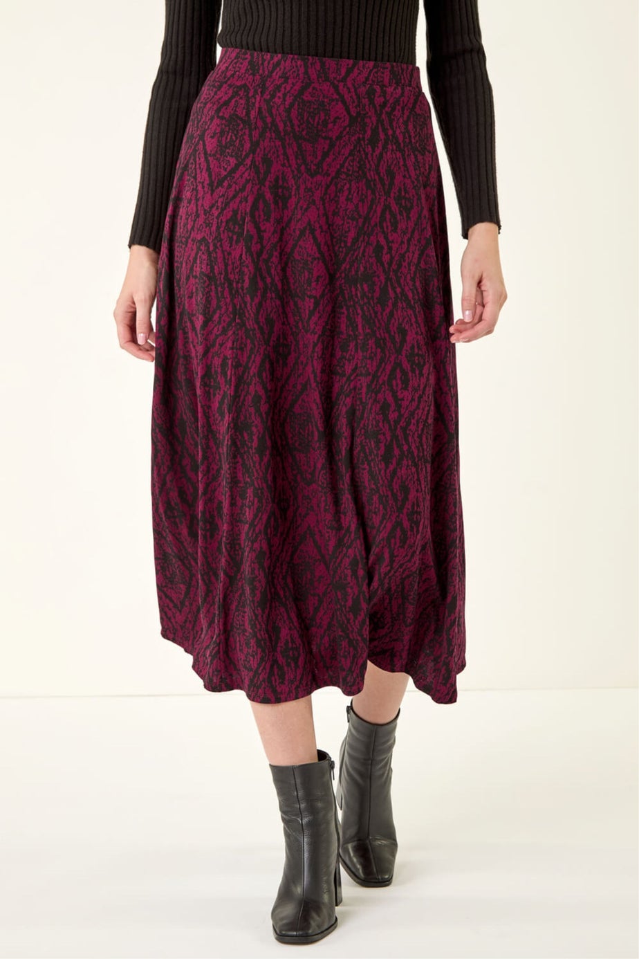 Roman Wine Abstract Diamond Print Midi Skirt