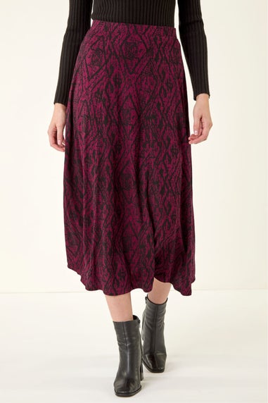 Roman Wine Abstract Diamond Print Midi Skirt