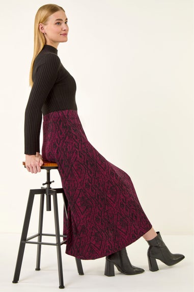 Roman Wine Abstract Diamond Print Midi Skirt