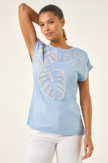 Roman Light Blue Textured Leaf T-Shirt