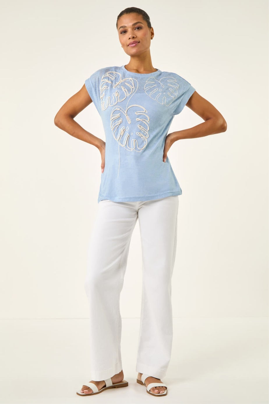 Roman Light Blue Textured Leaf T-Shirt