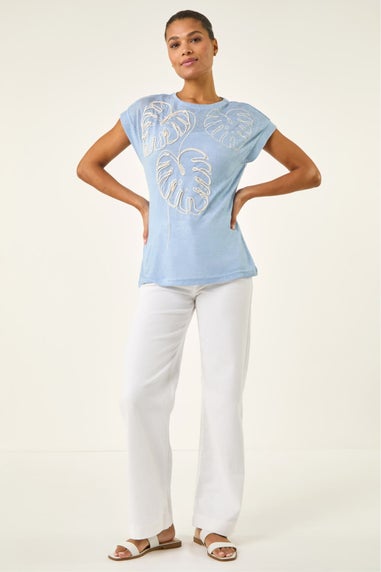 Roman Light Blue Textured Leaf T-Shirt