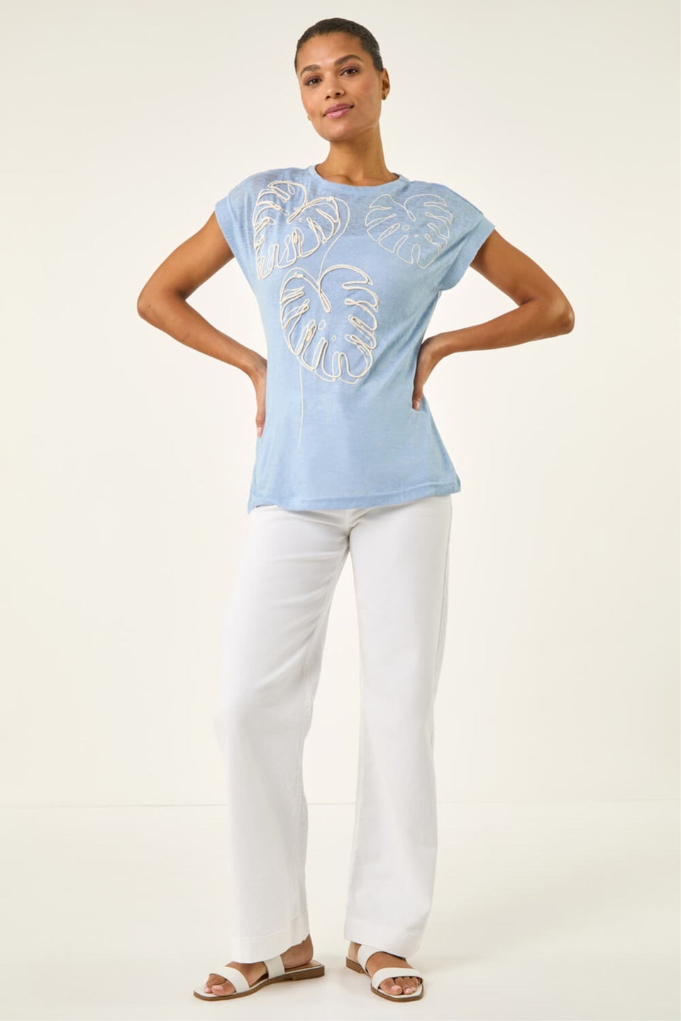 Roman Light Blue Textured Leaf T-Shirt