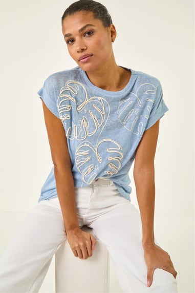 Roman Light Blue Textured Leaf T-Shirt