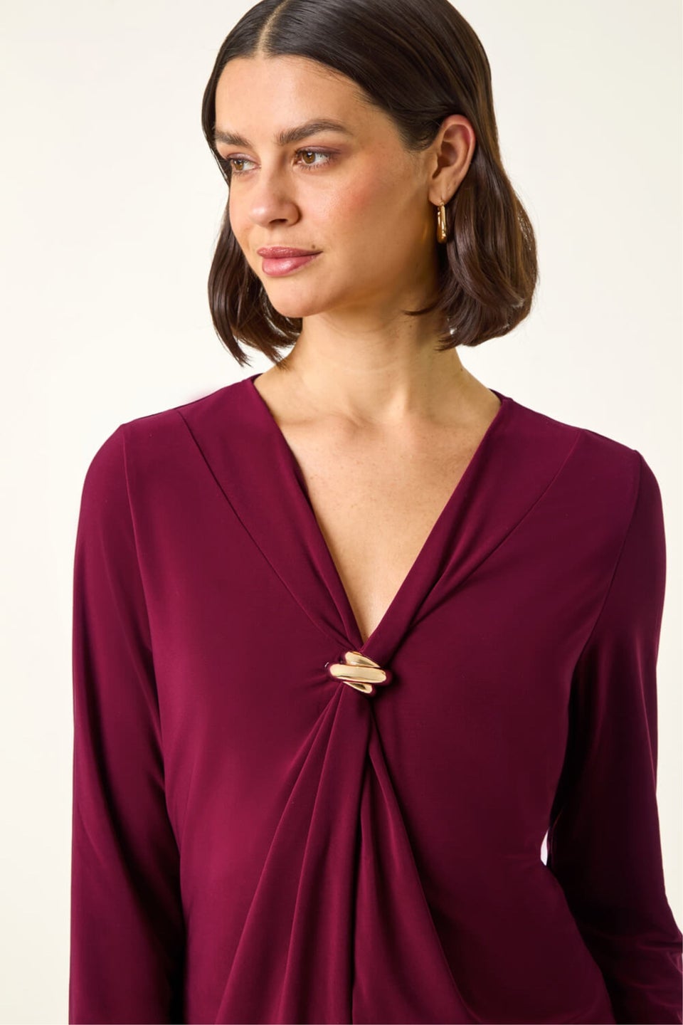 Roman Wine V-Neck Metal Trim Stretch Top