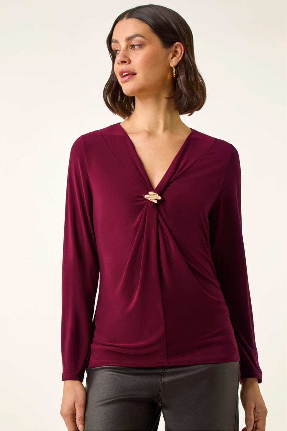 Roman Wine V-Neck Metal Trim Stretch Top