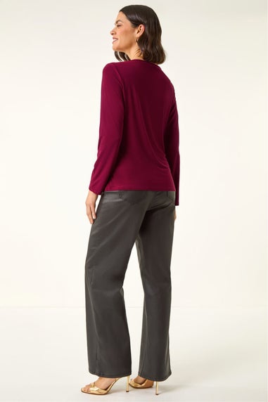 Roman Wine V-Neck Metal Trim Stretch Top