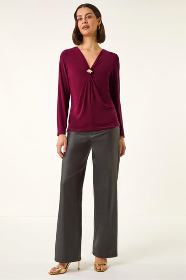 Roman Wine V-Neck Metal Trim Stretch Top