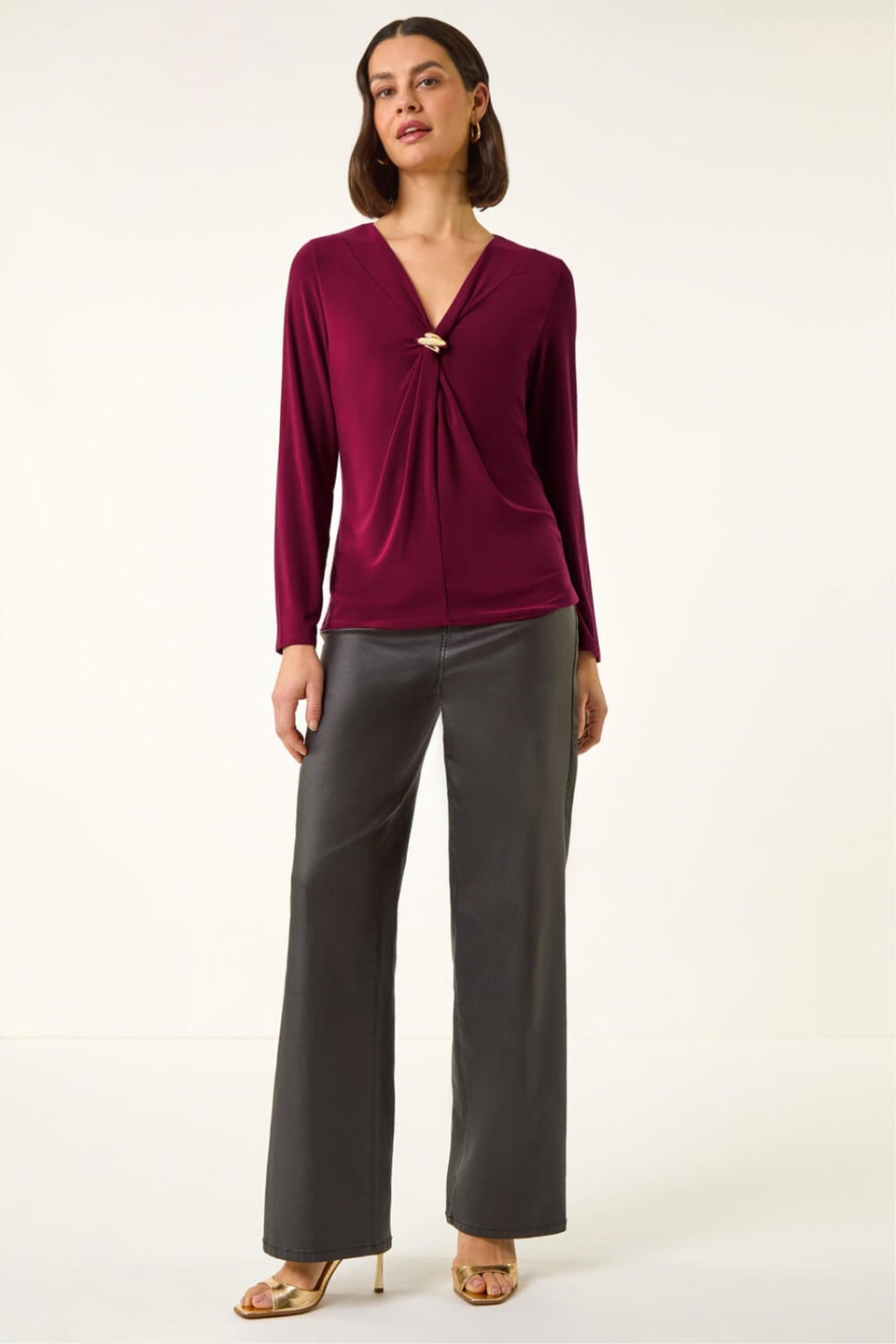 Roman Wine V-Neck Metal Trim Stretch Top