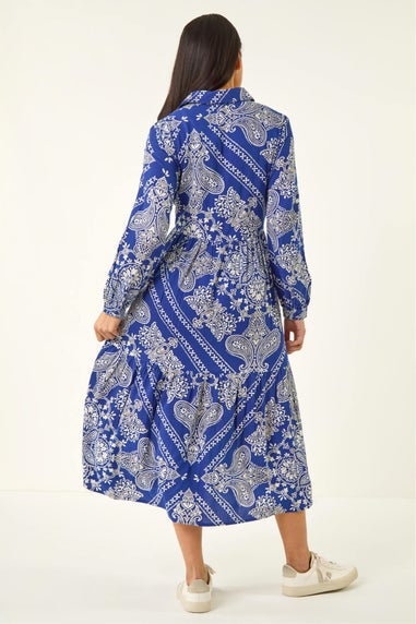Roman Blue Petite Print Tiered Shirt Midi Dress