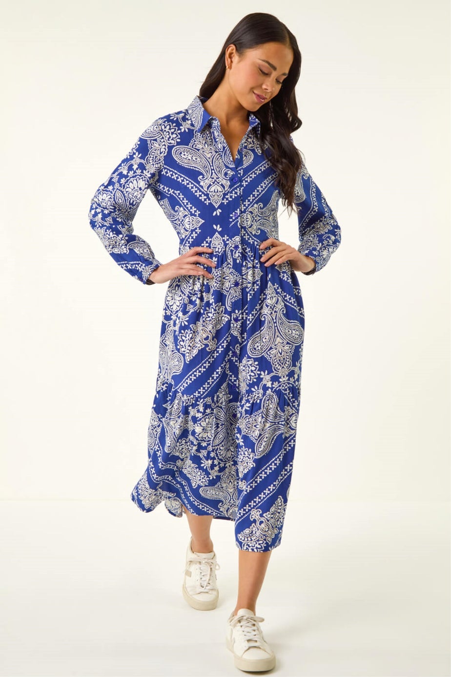 Roman Blue Petite Print Tiered Shirt Midi Dress