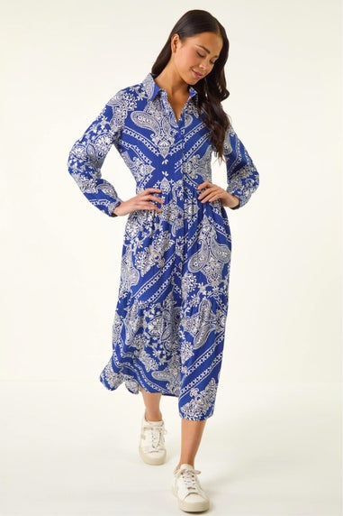 Roman Blue Petite Print Tiered Shirt Midi Dress