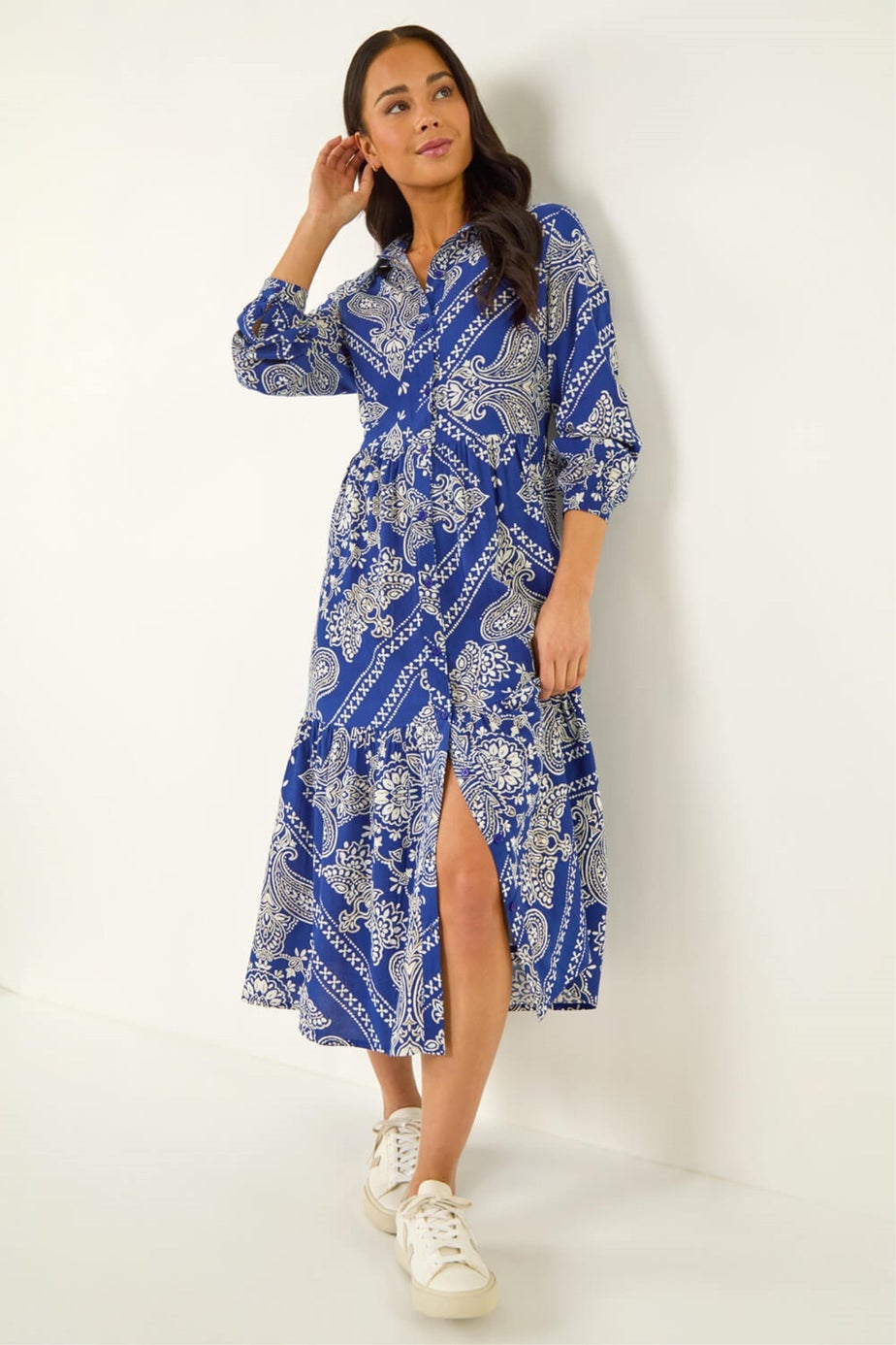 Roman Blue Petite Print Tiered Shirt Midi Dress