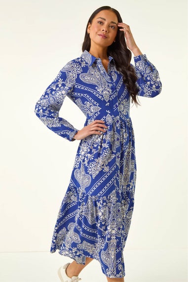 Roman Blue Petite Print Tiered Shirt Midi Dress