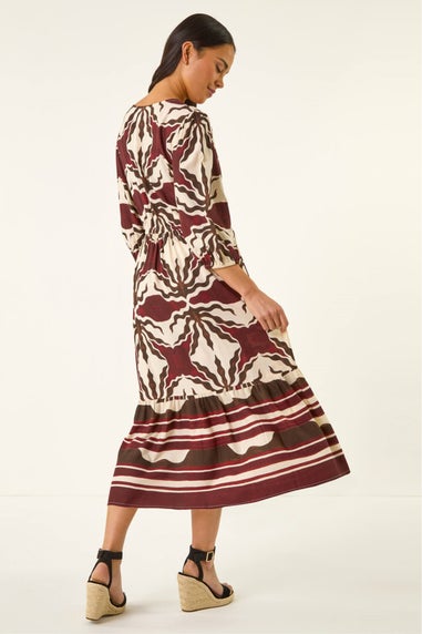 Roman Chocolate Petite Abstract Print V-Neck Midi Dress