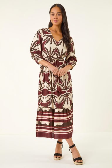 Roman Chocolate Petite Abstract Print V-Neck Midi Dress