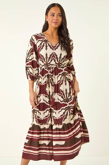 Roman Chocolate Petite Abstract Print V-Neck Midi Dress