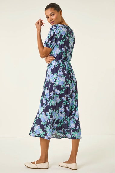 Roman Navy Floral Lace Trim Midi Dress
