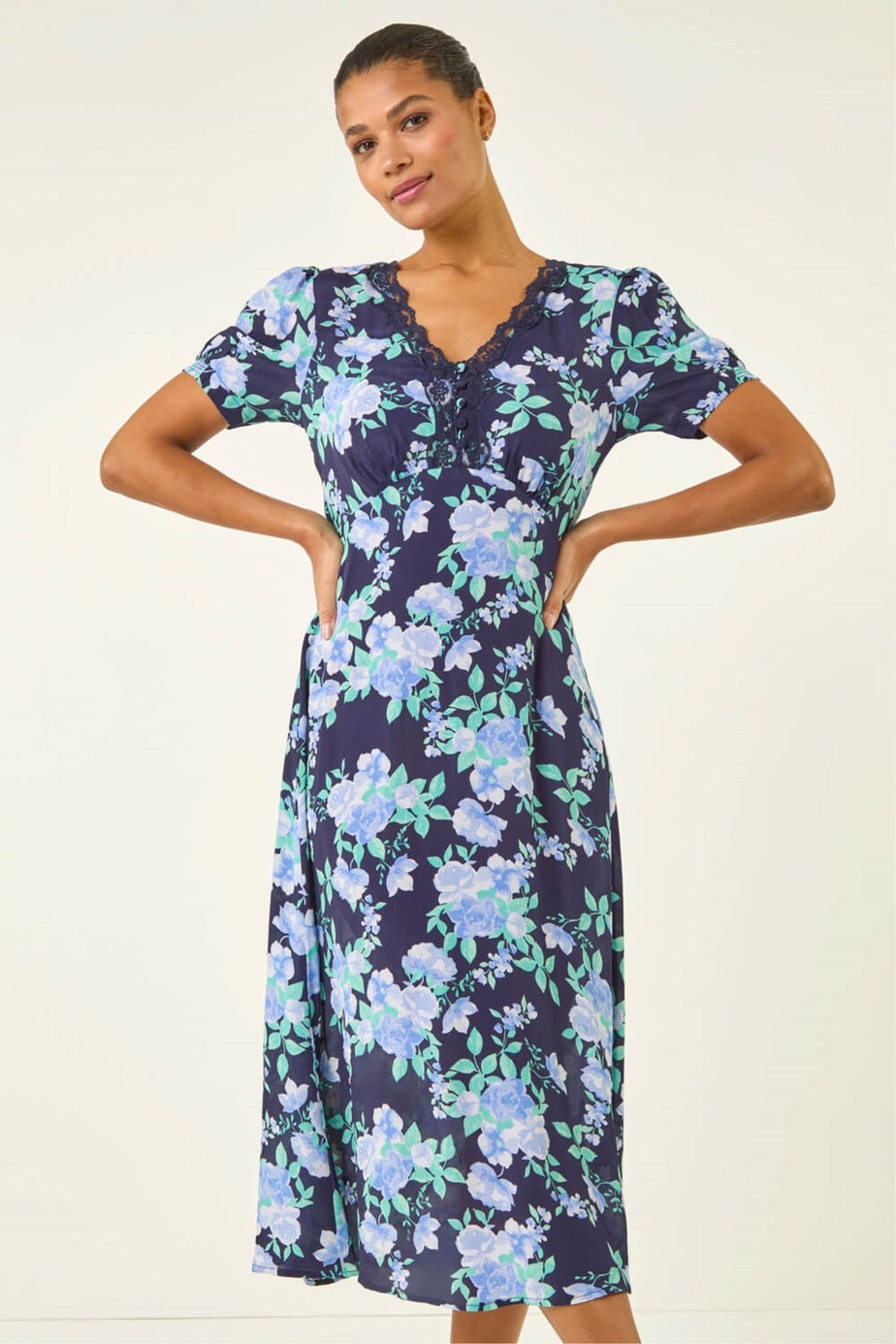 Roman Navy Floral Lace Trim Midi Dress