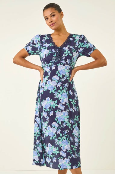 Roman Navy Floral Lace Trim Midi Dress