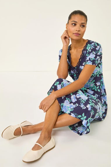 Roman Navy Floral Lace Trim Midi Dress
