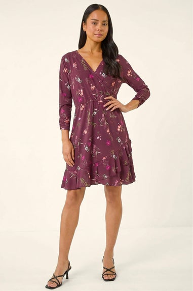 Roman Wine Petite Floral Wrap Frill Stretch Dress