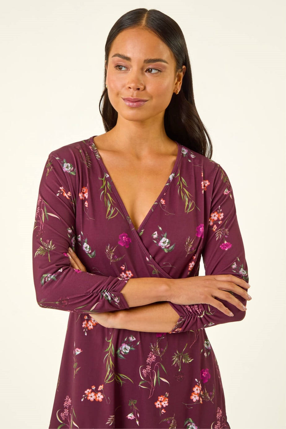 Roman Wine Petite Floral Wrap Frill Stretch Dress