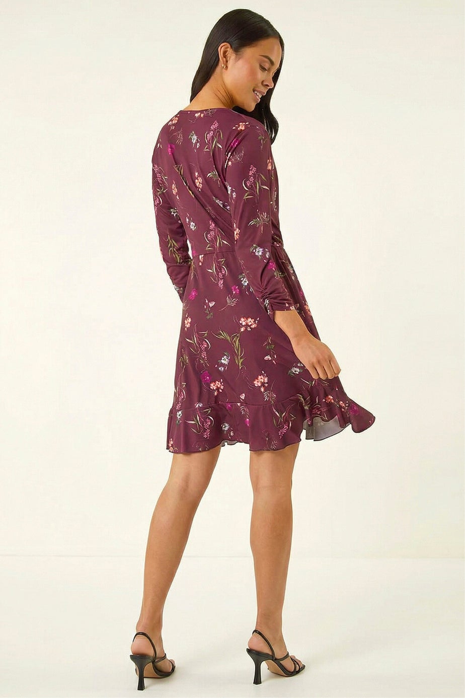 Roman Wine Petite Floral Wrap Frill Stretch Dress