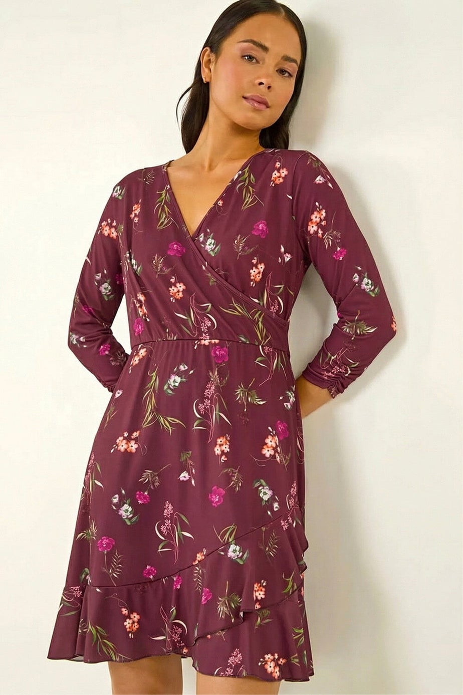 Roman Wine Petite Floral Wrap Frill Stretch Dress