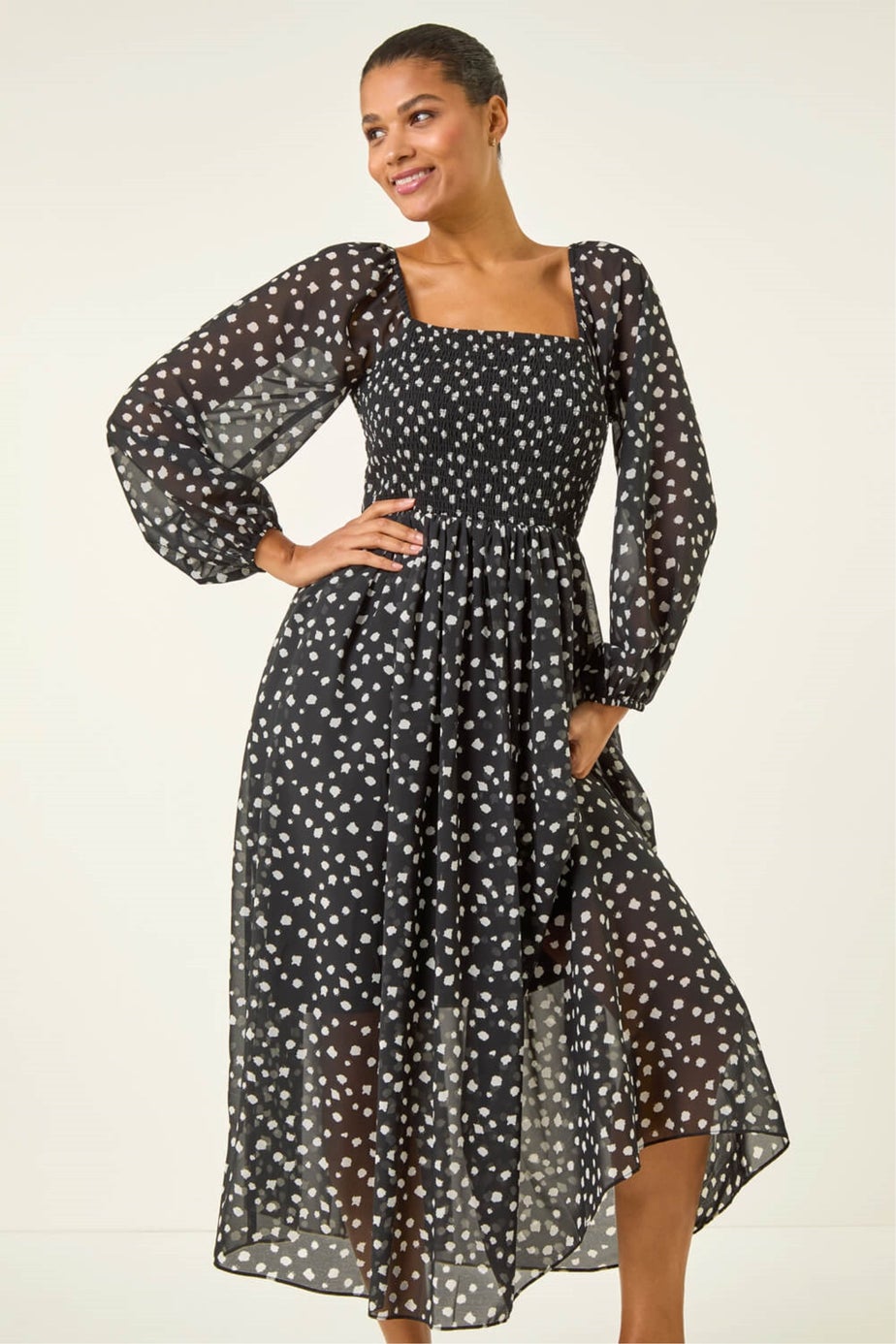 Roman Black Abstract Spot Shirred Midi Dress