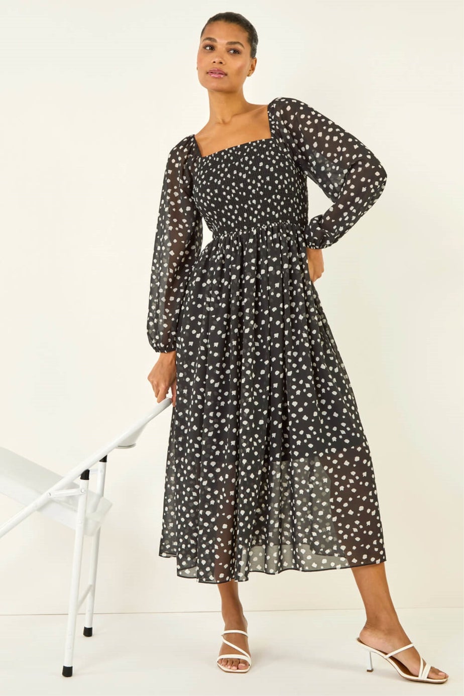 Roman Black Abstract Spot Shirred Midi Dress