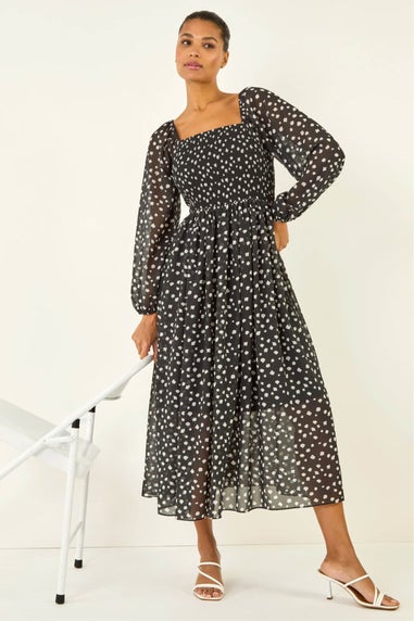 Roman Black Abstract Spot Shirred Midi Dress