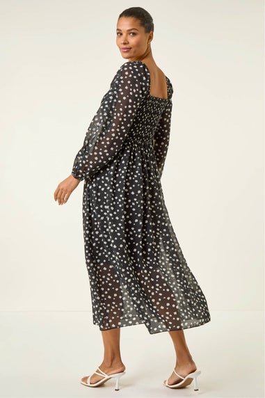Roman Black Abstract Spot Shirred Midi Dress