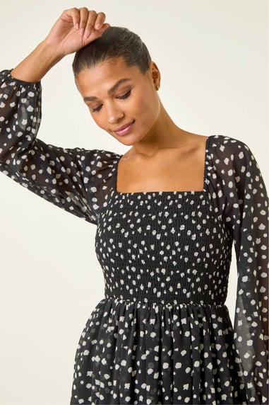 Roman Black Abstract Spot Shirred Midi Dress