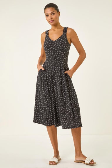 Roman Black Floral Spot Print Midi Dress