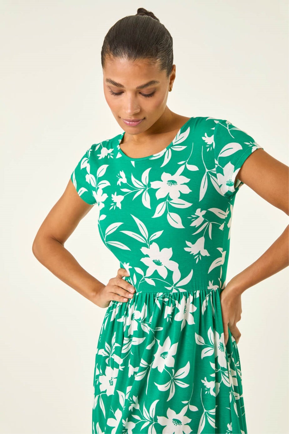 Roman Green Floral Print Pocket Midi Dress