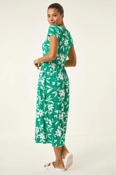 Roman Green Floral Print Pocket Midi Dress