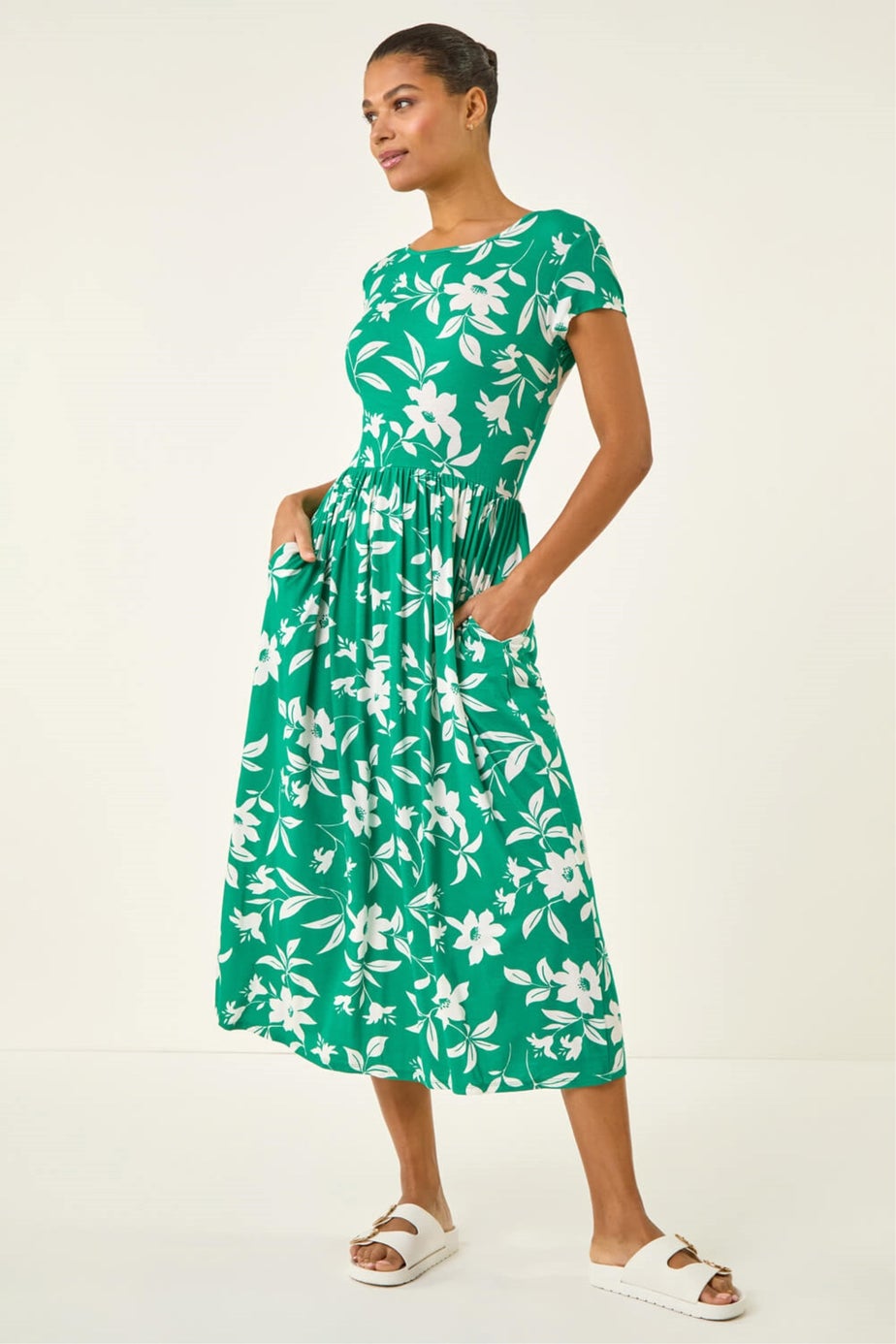 Roman Green Floral Print Pocket Midi Dress