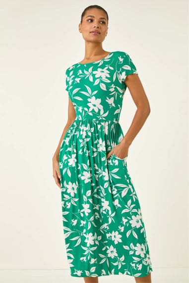 Roman Green Floral Print Pocket Midi Dress