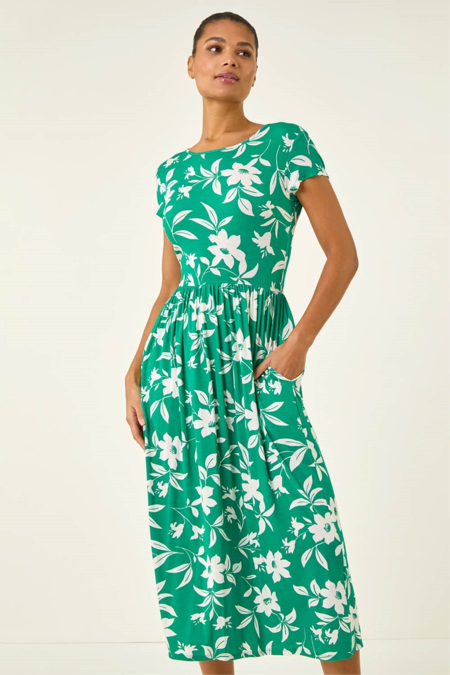 Roman Green Floral Print Pocket Midi Dress