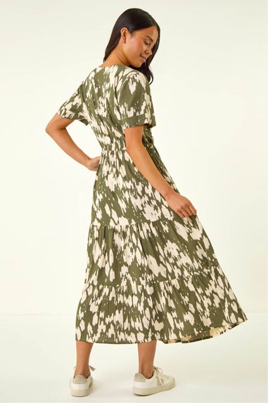 Roman Khaki Petite Abstract Print Tiered Midi Dress