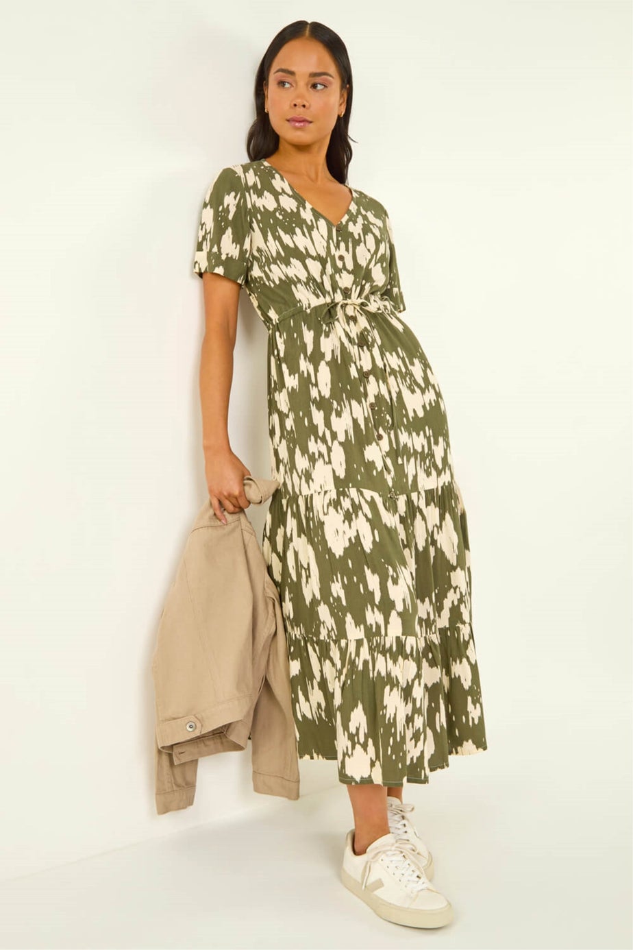 Roman Khaki Petite Abstract Print Tiered Midi Dress