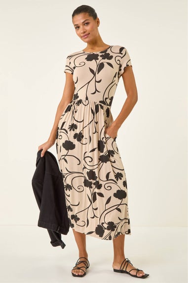 Roman Stone Shadow Floral Print Pocket Midi Dress