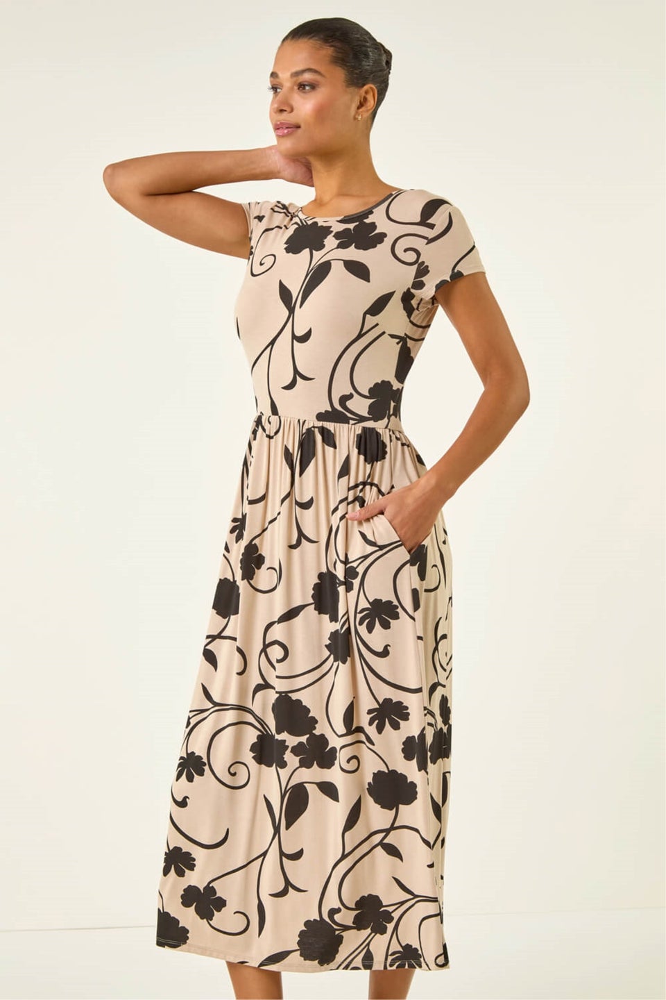 Roman Stone Shadow Floral Print Pocket Midi Dress