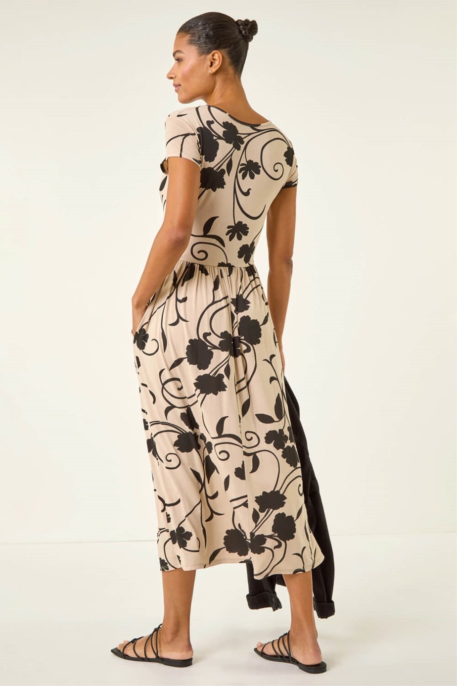 Roman Stone Shadow Floral Print Pocket Midi Dress